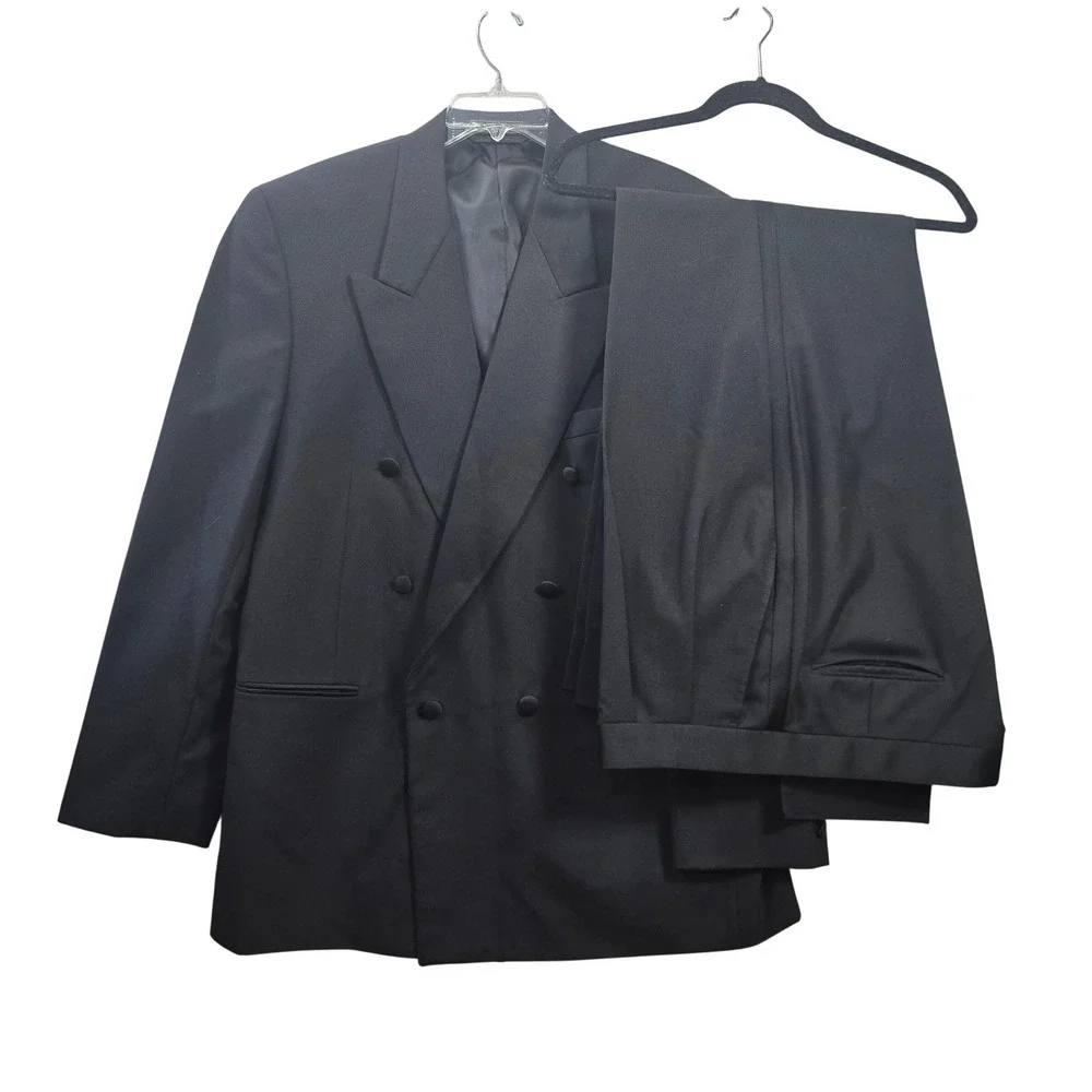 Giannelli Mens Black Double Breasted Tuxedo Suit Wool Blend Size 44L Peak Lapel